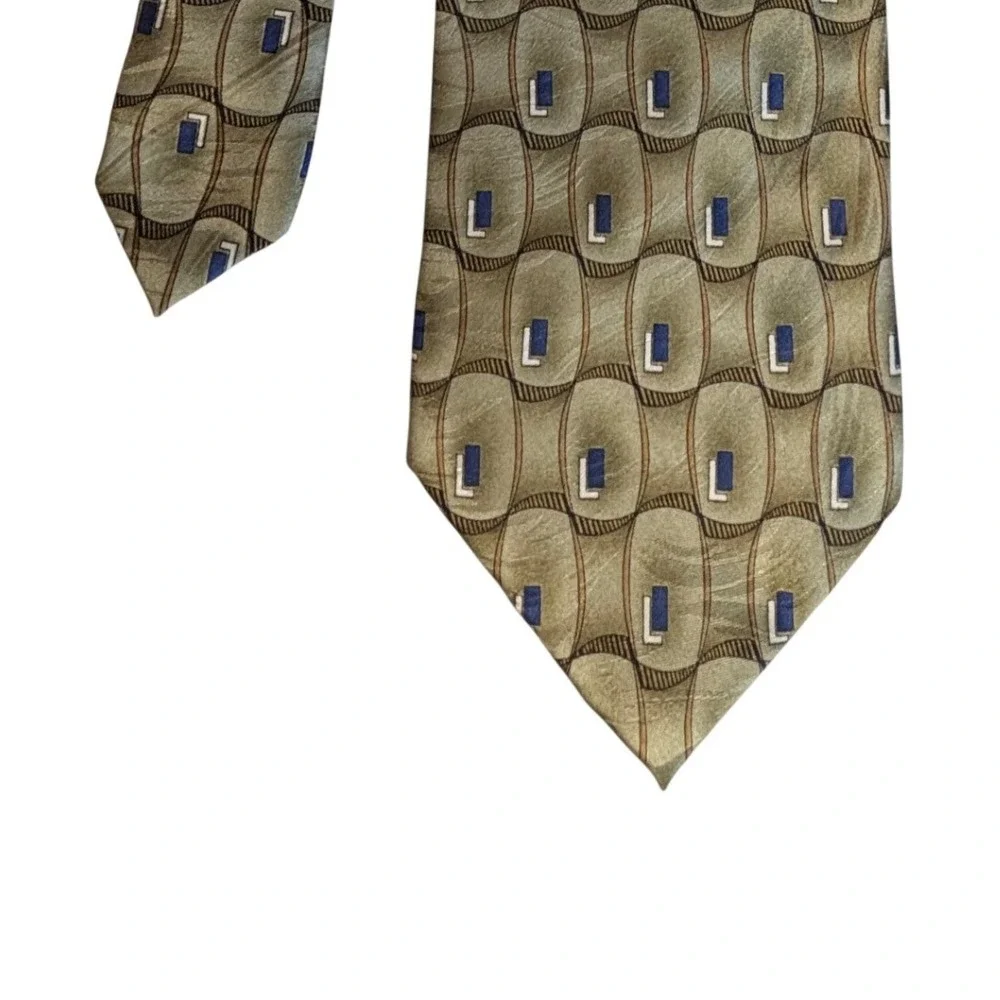 Vintage Marquis Mens Silk Necktie Olive Green Gold Blue Geometric‎ Tie